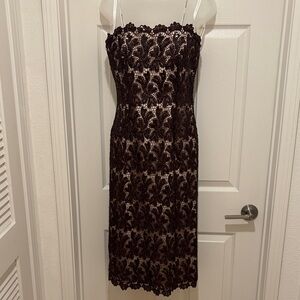 Chic Strapless Brown Lace Dress. Fully lined in neutral. Handmade in NYC.